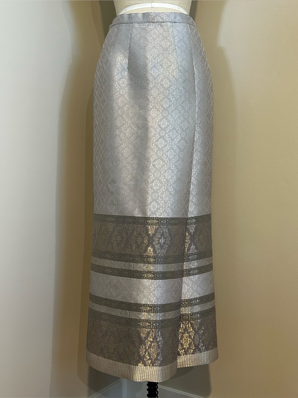 VTG Handmade Brocade Maxi Skirt Wrap Slit Silver Gold Tapestry Maximalism Sz 8